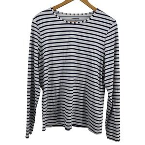 Lands' End Long Sleeve Top White Navy Blue Striped Nautical Women L 14-16